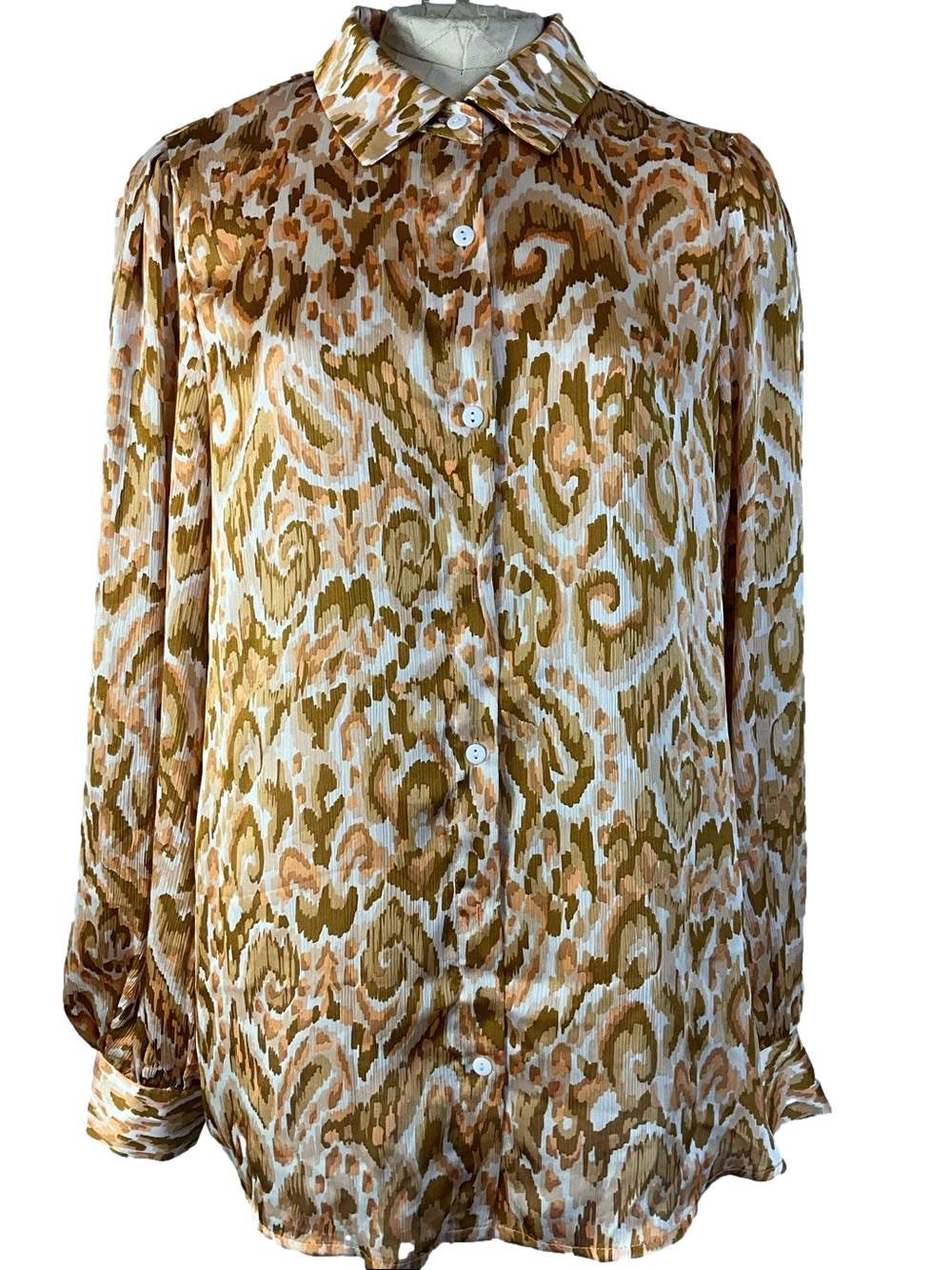 KIRUNDO Boho Lightweight Button Down Long Puff Sleeves Blouse Size Large
